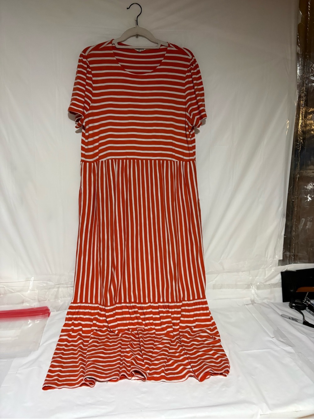 Boden Orange and White Striped Short-Sleeve Maxi Dress